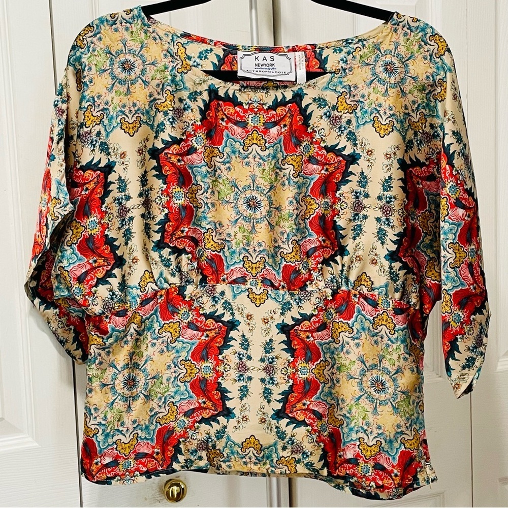 Anthropology KAS New York Women's Scoop Neck Printed Top in Cream & Red